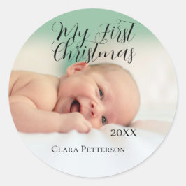 自分の初めてのクリスマスベビーの写真の名前を追加する年モダン ラウンドシール