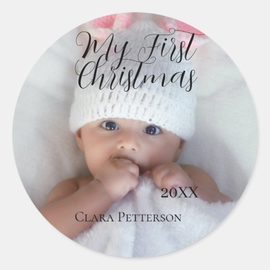 自分の初めてのクリスマスベビーの写真の名前を追加する年モダン ラウンドシール (正面)