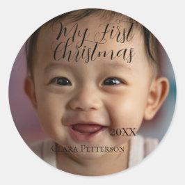 自分の初めてのクリスマスベビーの写真の名前を追加する年モダン ラウンドシール