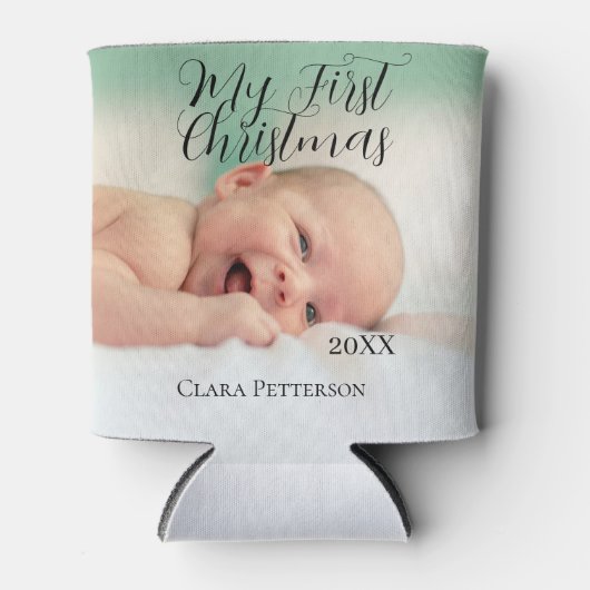自分の初めてのクリスマスベビーの写真の名前を追加する年モダン 缶クーラー (正面)