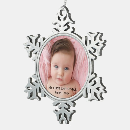 自分の初めてのクリスマス写真 スノーフレークピューターオーナメント (右)