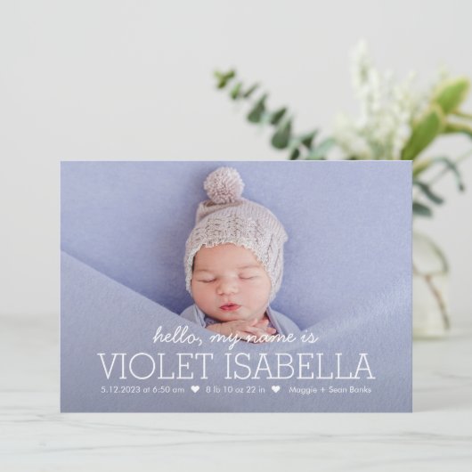 自分の名前の編集可能なカラーベビー誕生のお知らせ シーズンカード (スタンド正面)