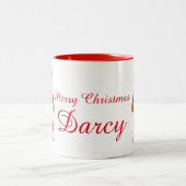 自分の名前をクリスマス歌唱の犬レッドに加えなさい ツートーンマグカップ (中央)