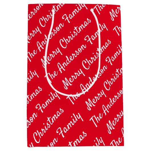 自分の名前パターンファミリークリスマスの作成 ミディアムペーパーバッグ (正面)