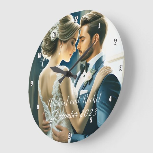 自分の名前パーソナライズされたの写結婚真を作成 ラージ壁時計 (傾斜)