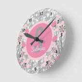 自分の女の子の名前を作成 |フローラピンクシルバー ラウンド壁時計 (傾斜)