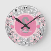 自分の女の子の名前を作成 |フローラピンクシルバー ラウンド壁時計 (正面)