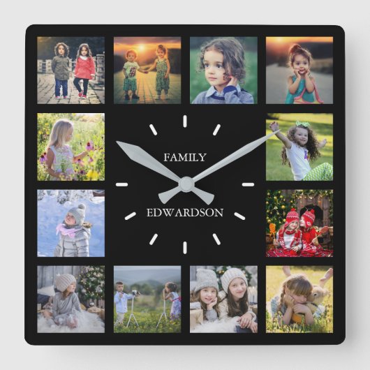 自分の家族のコラージュのモノグラム名を作成する スクエア壁時計 (正面)