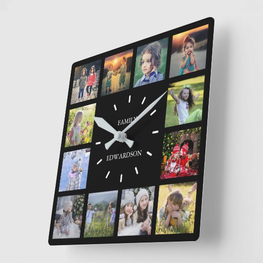 自分の家族のコラージュのモノグラム名を作成する スクエア壁時計 (傾斜)