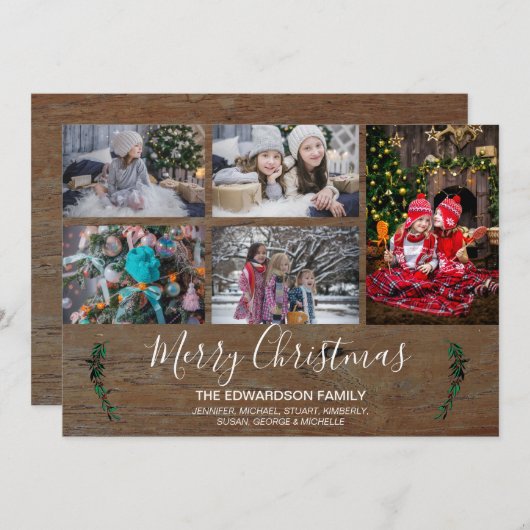 自分の家族のコラージュ素朴な木のクリスマスを作る シーズンカード (正面/裏面)