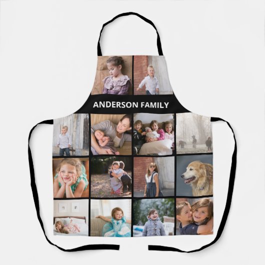 自分の家族の写真のコラージュと名前を黒にする エプロン (正面)