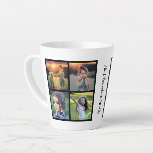 自分の家族の写真のコラージュのファミリ名を作成する カフェラテマグ (左アングル)