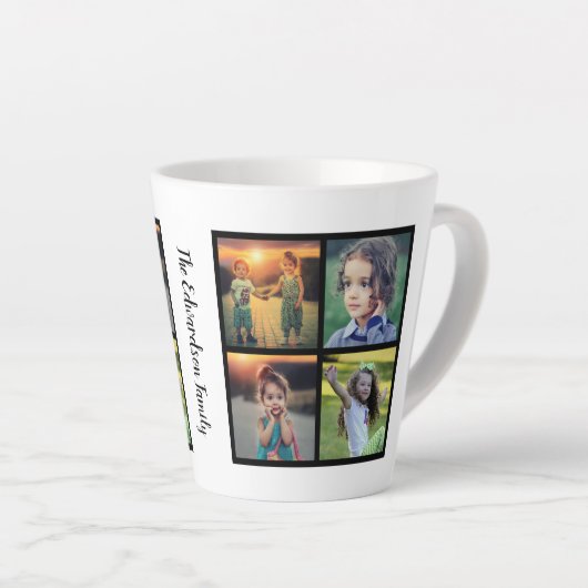 自分の家族の写真のコラージュのファミリ名を作成する カフェラテマグ (右アングル)