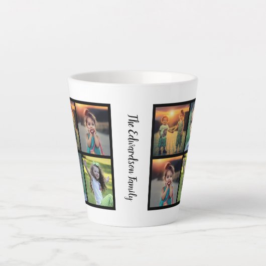 自分の家族の写真のコラージュのファミリ名を作成する カフェラテマグ (正面)