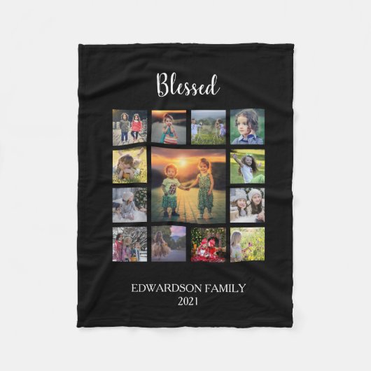 自分の家族の写真のコラージュモノグラム名を作成する フリースブランケット (正面)