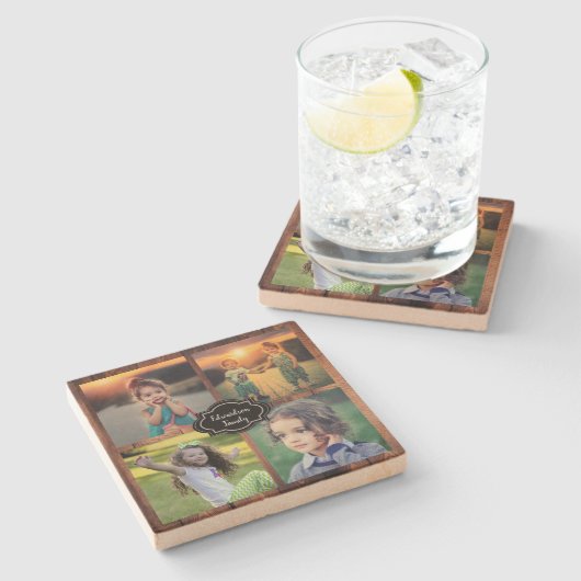 自分の家族の写真コラージュのモノグラム名を作成する ストーンコースター (横)