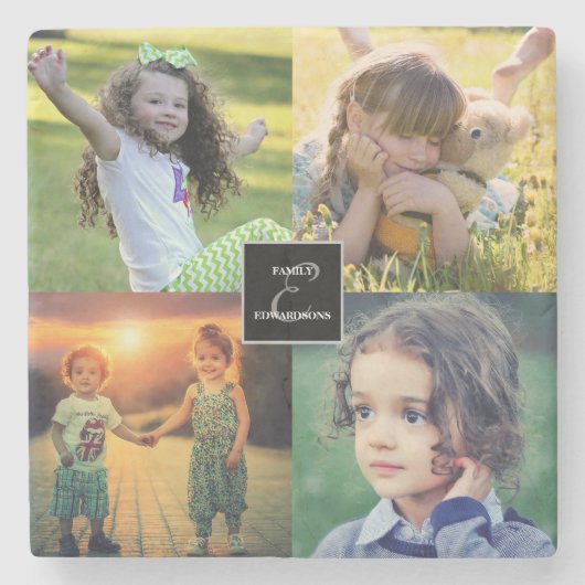 自分の家族の写真コラージュのモノグラム名を作成する ストーンコースター (正面)