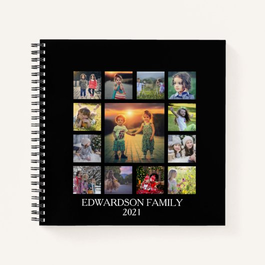 自分の家族の写真コラージュのモノグラム名を作成する ノートブック (正面)