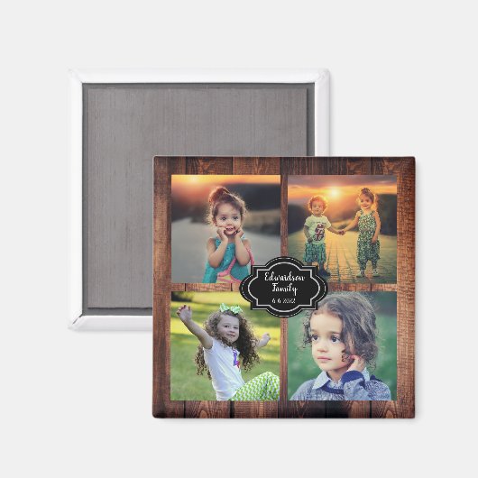 自分の家族の写真コラージュのモノグラム名を作成する マグネット (正面/裏面)