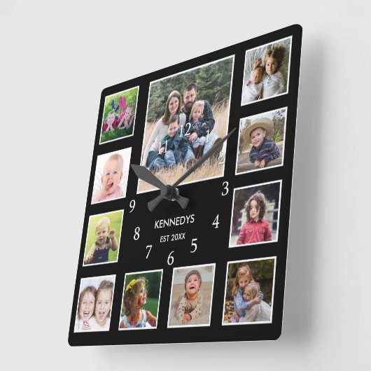 自分の家族の名前を作成するフォトコラージュ黒 スクエア壁時計 (傾斜)