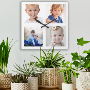 自分の家族4人の写真を作成し、子どもをコラージュ スクエア壁時計