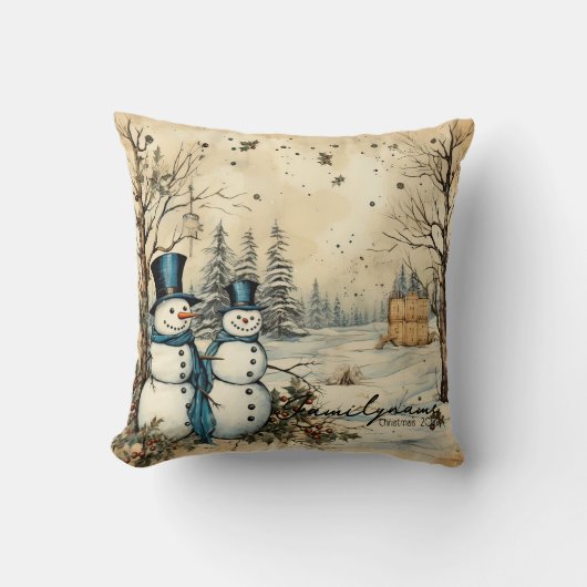 自分の幸せな冬の雪だるまカップルを作成 クッション (正面)