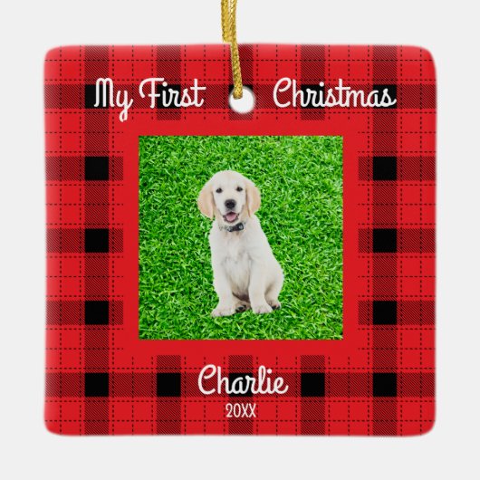 自分の犬の写真を作成する1stクリスマス セラミックオーナメント (正面)