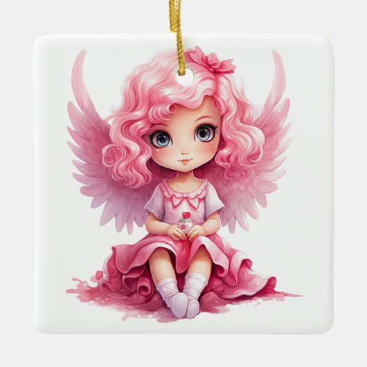 自分の甘いピンクのクリスマスエンジェルを作成 セラミックオーナメント (正面)