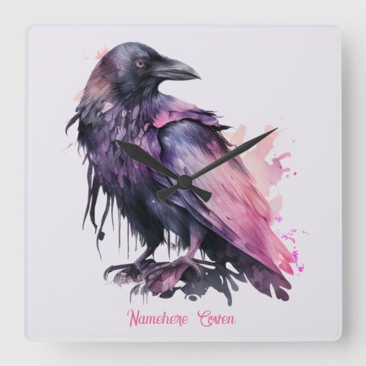 自分の神秘的な黒いレイヴンを作る スクエア壁時計 (正面)
