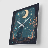 自分の神秘的な黒猫とワイルドフラワーを作成 スクエア壁時計 (傾斜)