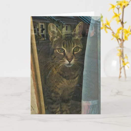 自分の考えを反映した窓の中の猫 カード (黄色い花)