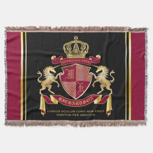 自分の腕の上着を赤い一角獣金ゴールドの紋章にする スローブランケット (正面)