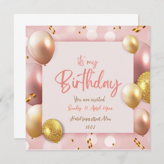 自分の誕生日ピンクのカードへの招待 招待状 (正面/裏面)