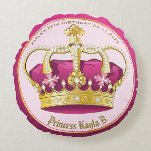 自分の金ゴールドをエレガントピンククラウンの真珠にガーリーする ラウンドクッション (正面)