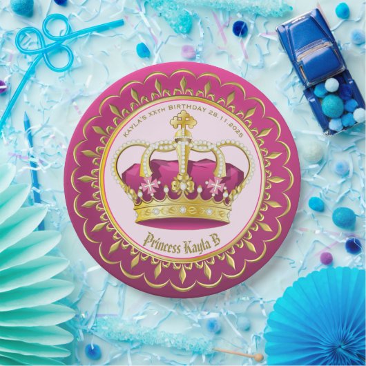 自分の金ゴールドをピンクのエレガント王冠の真珠にすガーリーる ペーパープレート (パーティー)