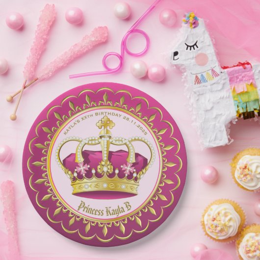 自分の金ゴールドをピンクのエレガント王冠の真珠にすガーリーる ペーパープレート (パーティー)