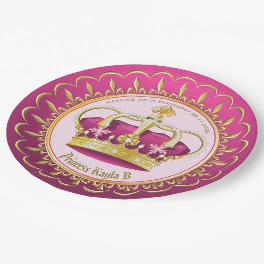 自分の金ゴールドをピンクのエレガント王冠の真珠にすガーリーる ペーパープレート (アングル)