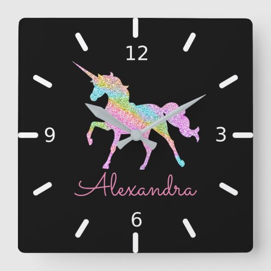 自分の魔法のユニコーンカラフルをパーソナライズ スクエア壁時計 (正面)