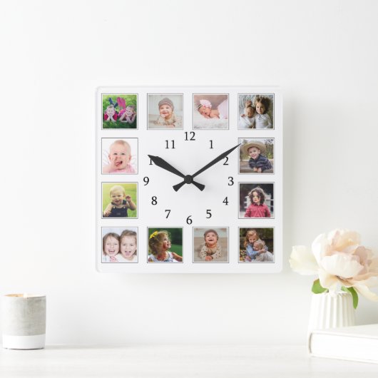 自分の12家族の子供を作成するフォトコラージホワイト スクエア壁時計 (ホーム)