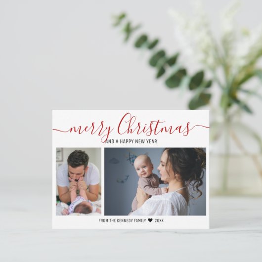 自分の2家族の写真を作成する赤いメリークリスマス シーズンポストカード (スタンド正面)
