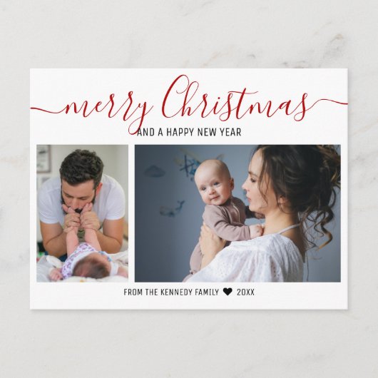 自分の2家族の写真を作成する赤いメリークリスマス シーズンポストカード (正面)