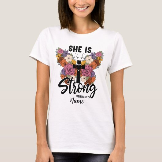 自分を作成する彼女は強い蝶とクロス Tシャツ (正面)