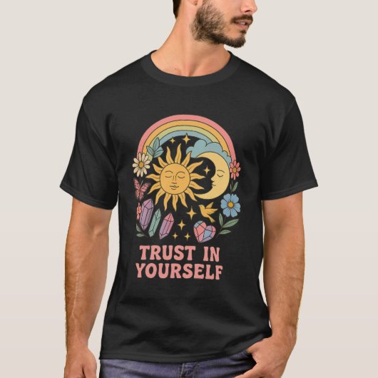 自分自身を信頼 – レトロサイケデリック太陽と月 Tシャツ (正面)