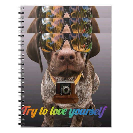 自分自身を愛してみる | 眼鏡とカムをかけたかわいい犬 ノートブック (正面)