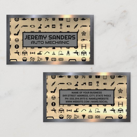 自動サービスアイコン |金属の背景 名刺 (正面/裏面)