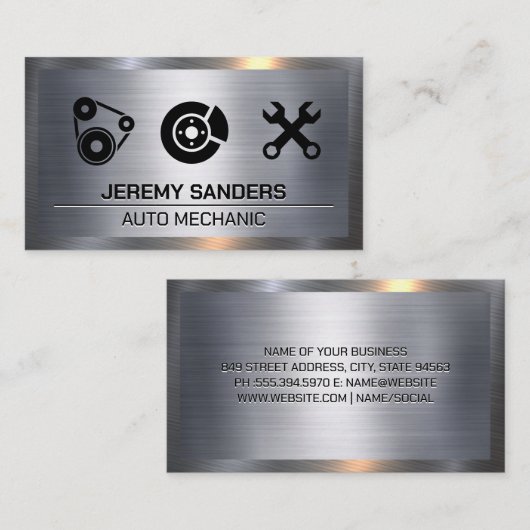 自動サービスアイコン |金属の背景 名刺 (正面/裏面)