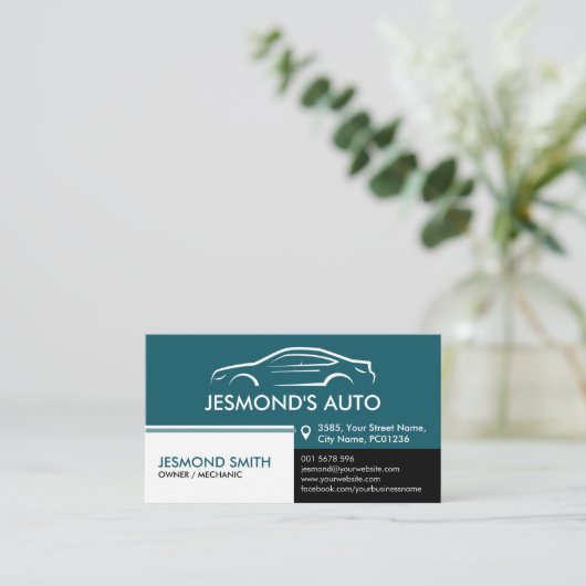 自動シルエット – 自動車整備士-ティール(緑がかった色) 名刺 (スタンド正面)