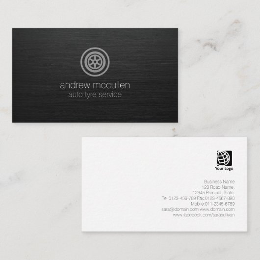 自動タイヤサービスホイールアイコンダークブラシ仕上げメタル 名刺 (正面/裏面)