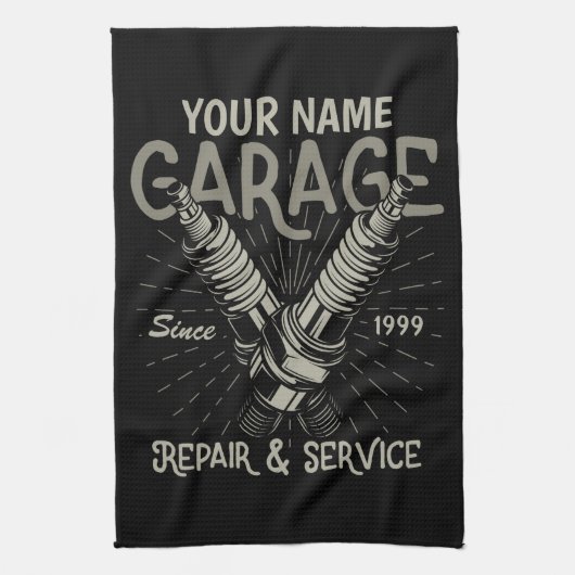 自動パーソナライズされた整備士ガレージレトロスパークプラグ キッチンタオル (縦)
