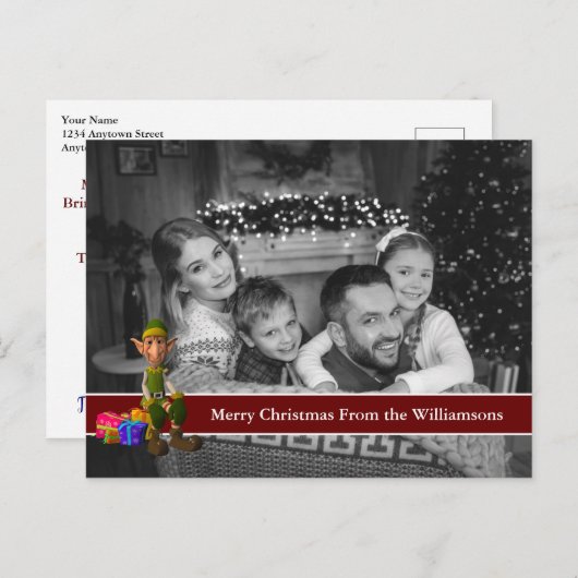 自動ブラックと白のクリスマスフォトとおもしろい小妖精や小人 ポストカード (正面/裏面)